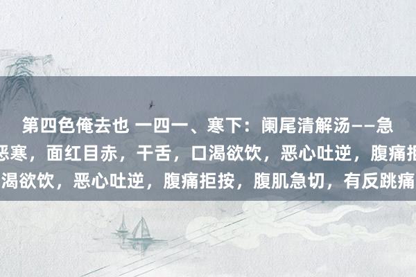 第四色俺去也 一四一、寒下：阑尾清解汤——急性阑尾闷热毒期。发烧恶寒，面红目赤，干舌，口渴欲饮，恶心吐逆，腹痛拒按，腹肌急切，有反跳痛